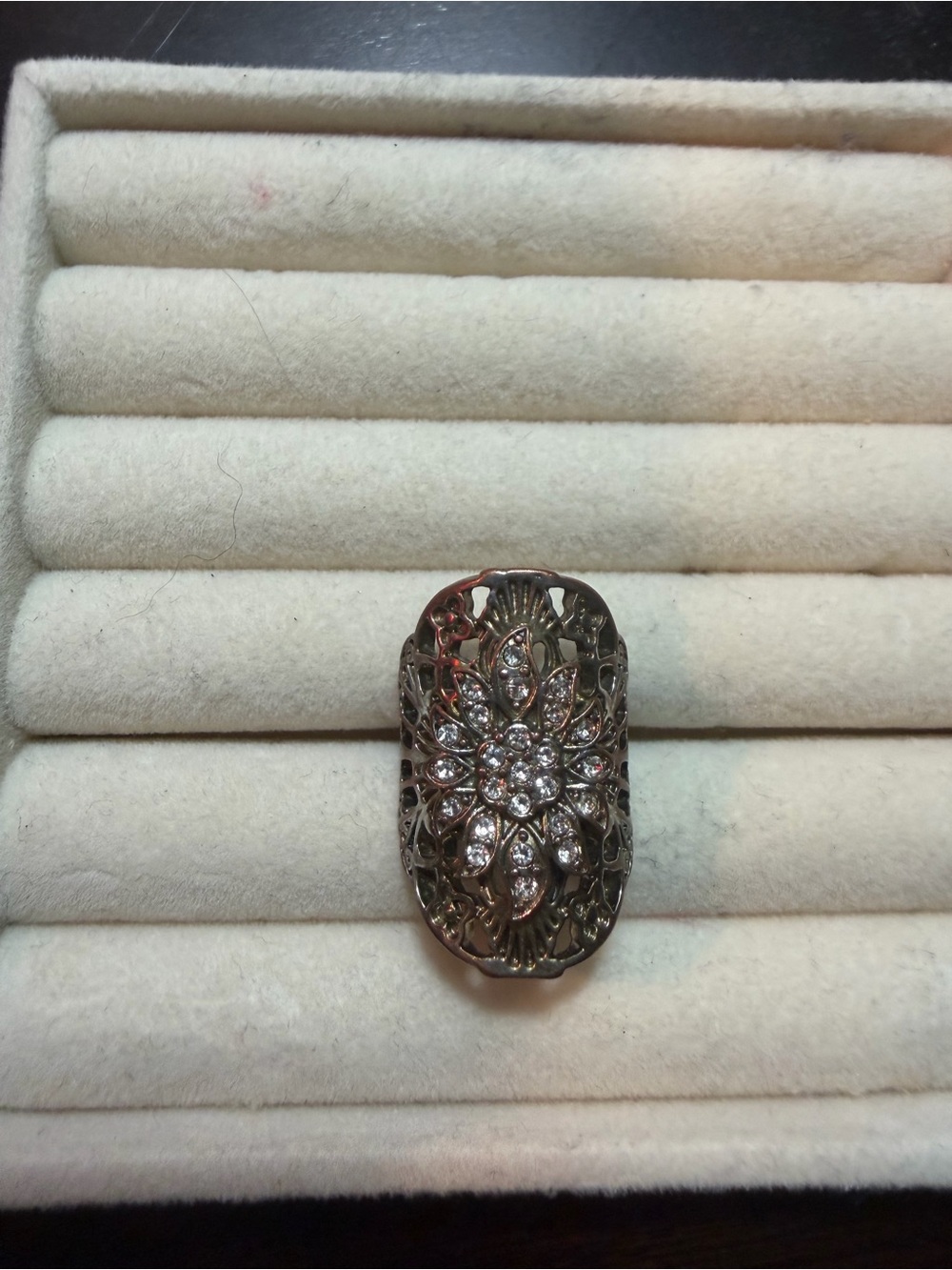 Vintage Floral Filigree Statement Ring in Silver with Clear Stones